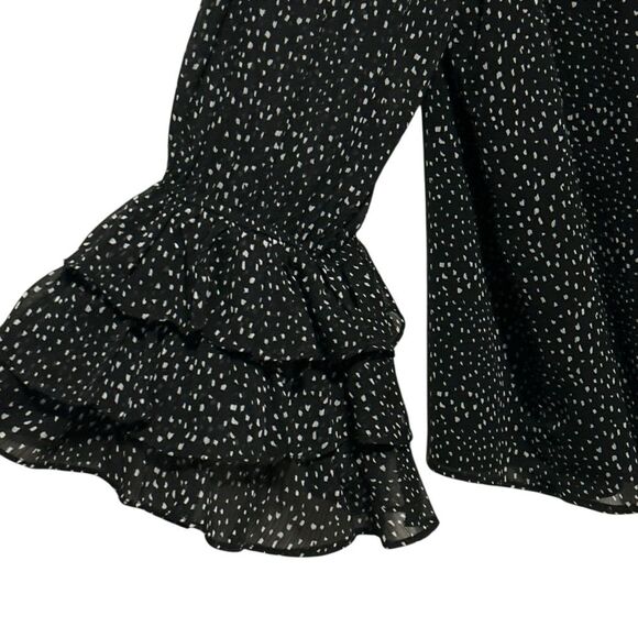CECE NWT Black/White Dot Print Long Ruffle Sleeve Off Shoulder Chiffon Blouse L - Picture 10 of 13